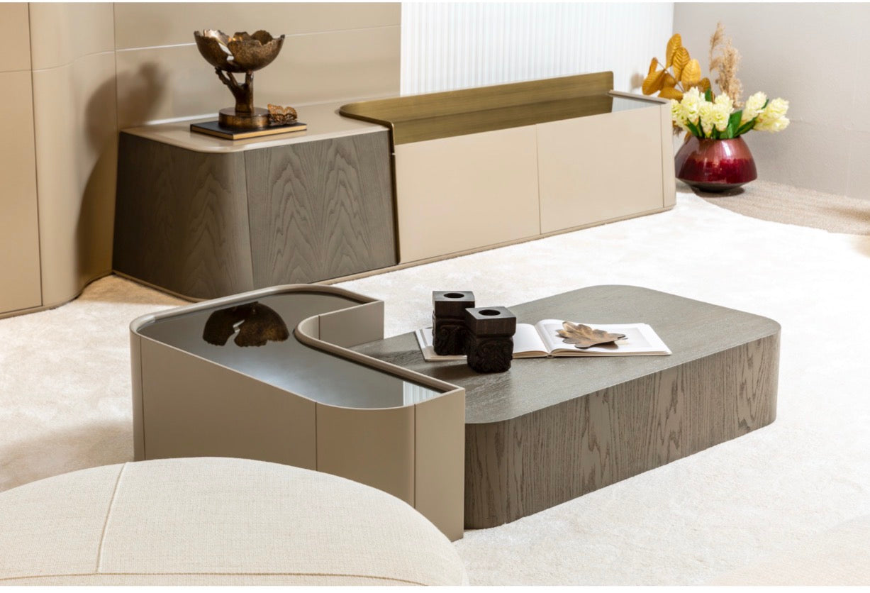 Stoneveil luxury furniture collection featuring modular sofa seating, modern dining table, sculptural accent chairs, luxury bedroom design, and illuminated walk in wardrobe.