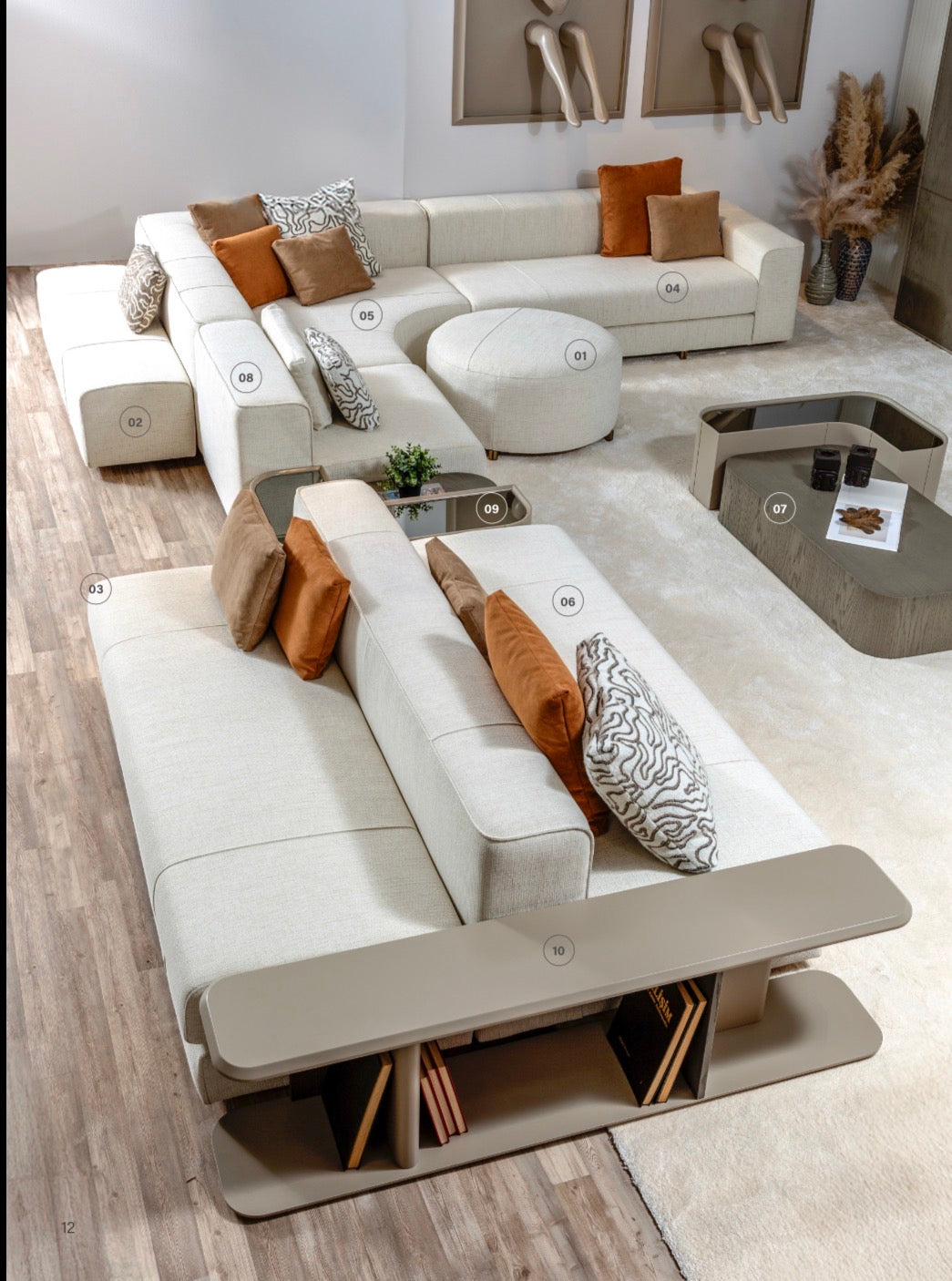 Stoneveil luxury furniture collection featuring modular sofa seating, modern dining table, sculptural accent chairs, luxury bedroom design, and illuminated walk in wardrobe.