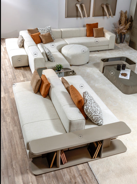 Stoneveil luxury furniture collection featuring modular sofa seating, modern dining table, sculptural accent chairs, luxury bedroom design, and illuminated walk in wardrobe.
