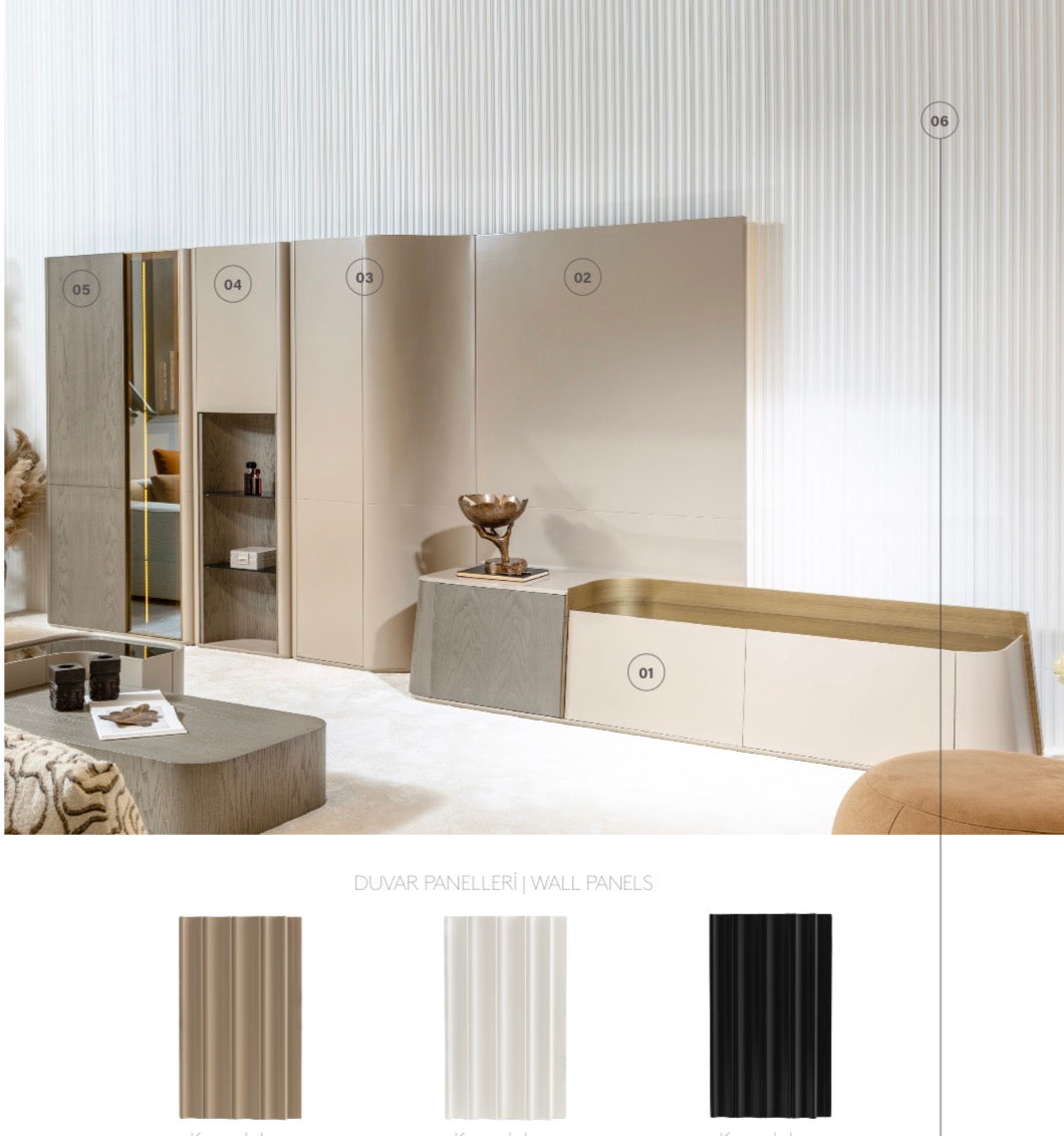 Stoneveil luxury furniture collection featuring modular sofa seating, modern dining table, sculptural accent chairs, luxury bedroom design, and illuminated walk in wardrobe.