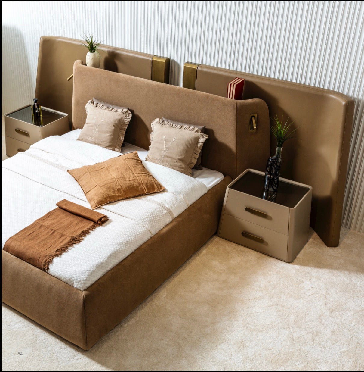 Stoneveil luxury furniture collection featuring modular sofa seating, modern dining table, sculptural accent chairs, luxury bedroom design, and illuminated walk in wardrobe.