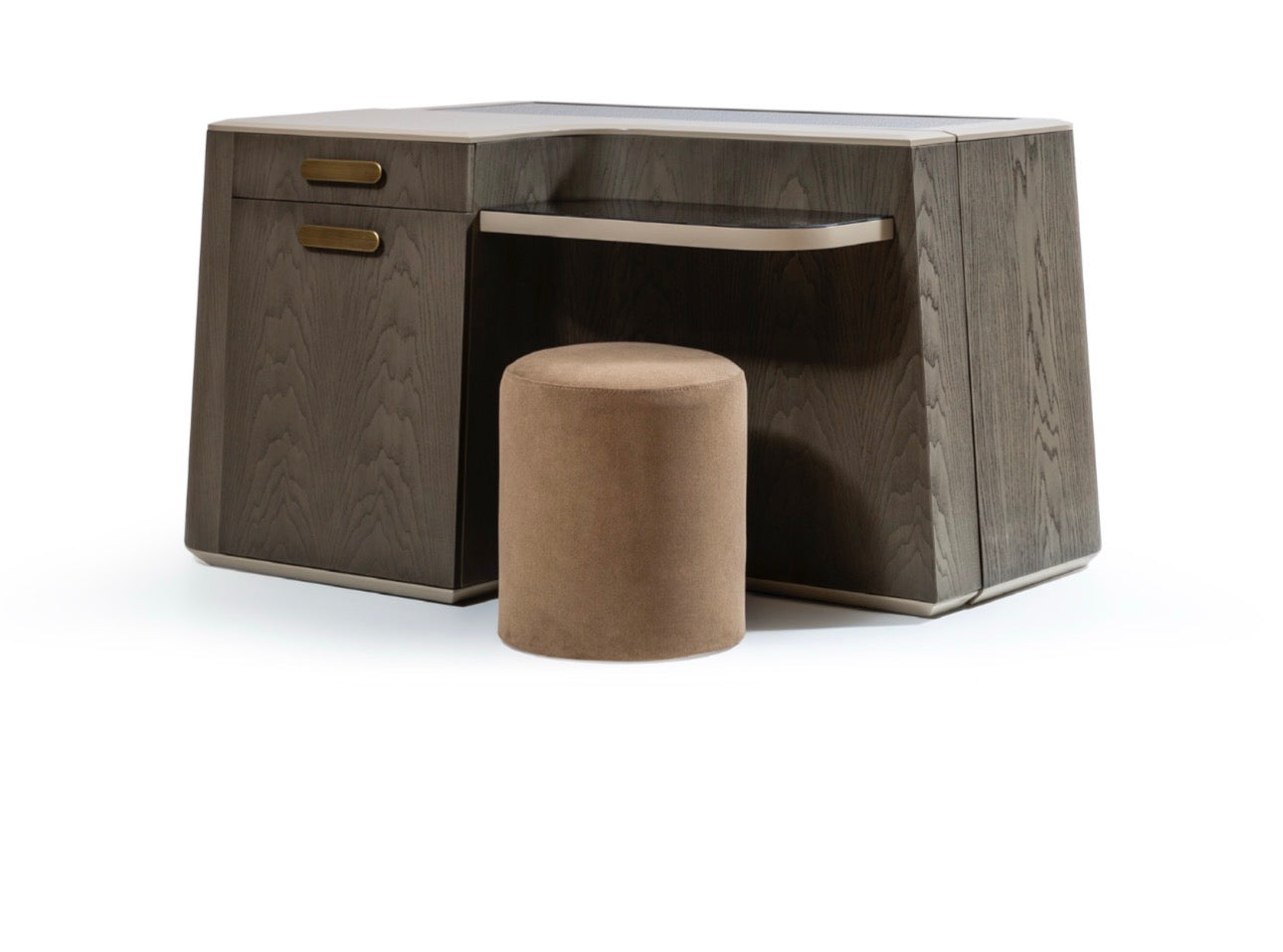 Stoneveil luxury furniture collection featuring modular sofa seating, modern dining table, sculptural accent chairs, luxury bedroom design, and illuminated walk in wardrobe.