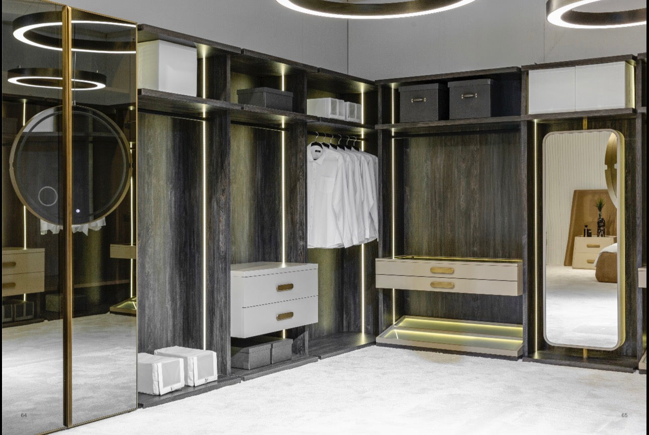 Stoneveil luxury furniture collection featuring modular sofa seating, modern dining table, sculptural accent chairs, luxury bedroom design, and illuminated walk in wardrobe.