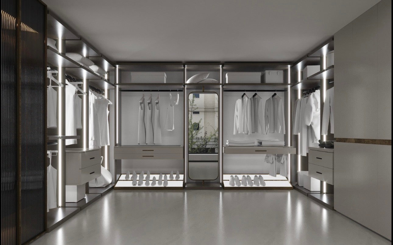 Stoneveil luxury furniture collection featuring modular sofa seating, modern dining table, sculptural accent chairs, luxury bedroom design, and illuminated walk in wardrobe.