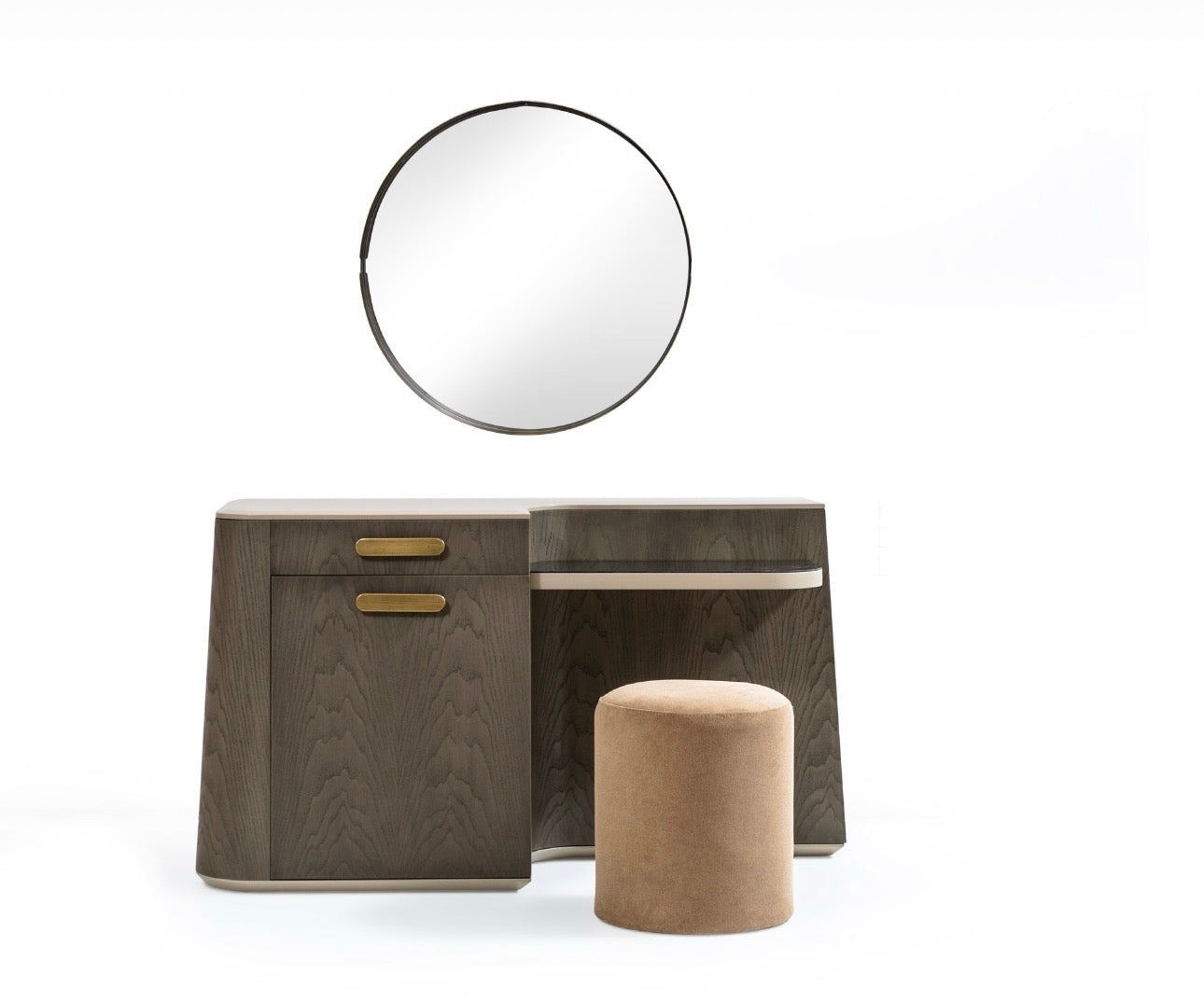 Stoneveil luxury furniture collection featuring modular sofa seating, modern dining table, sculptural accent chairs, luxury bedroom design, and illuminated walk in wardrobe.