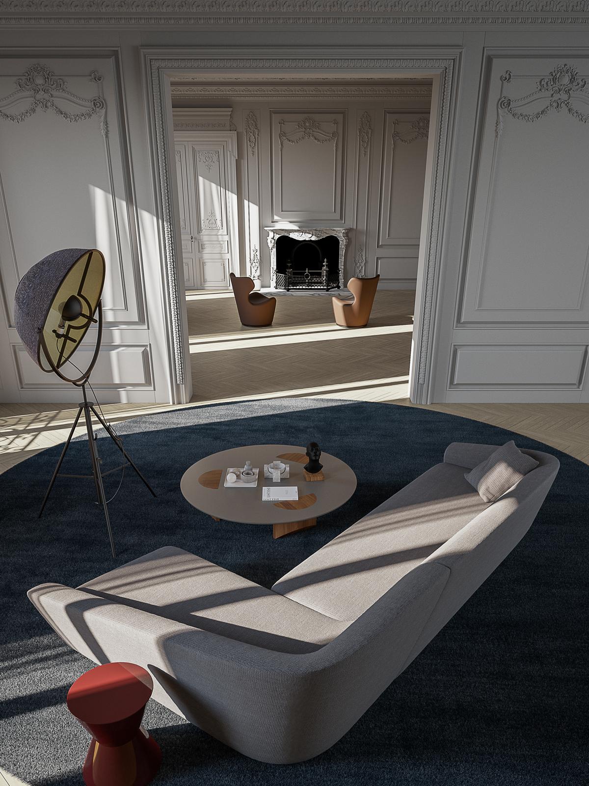 Overtime luxury furniture collection featuring curved sofa, sculptural lounge chairs, modern coffee table, and classic architectural interior setting.