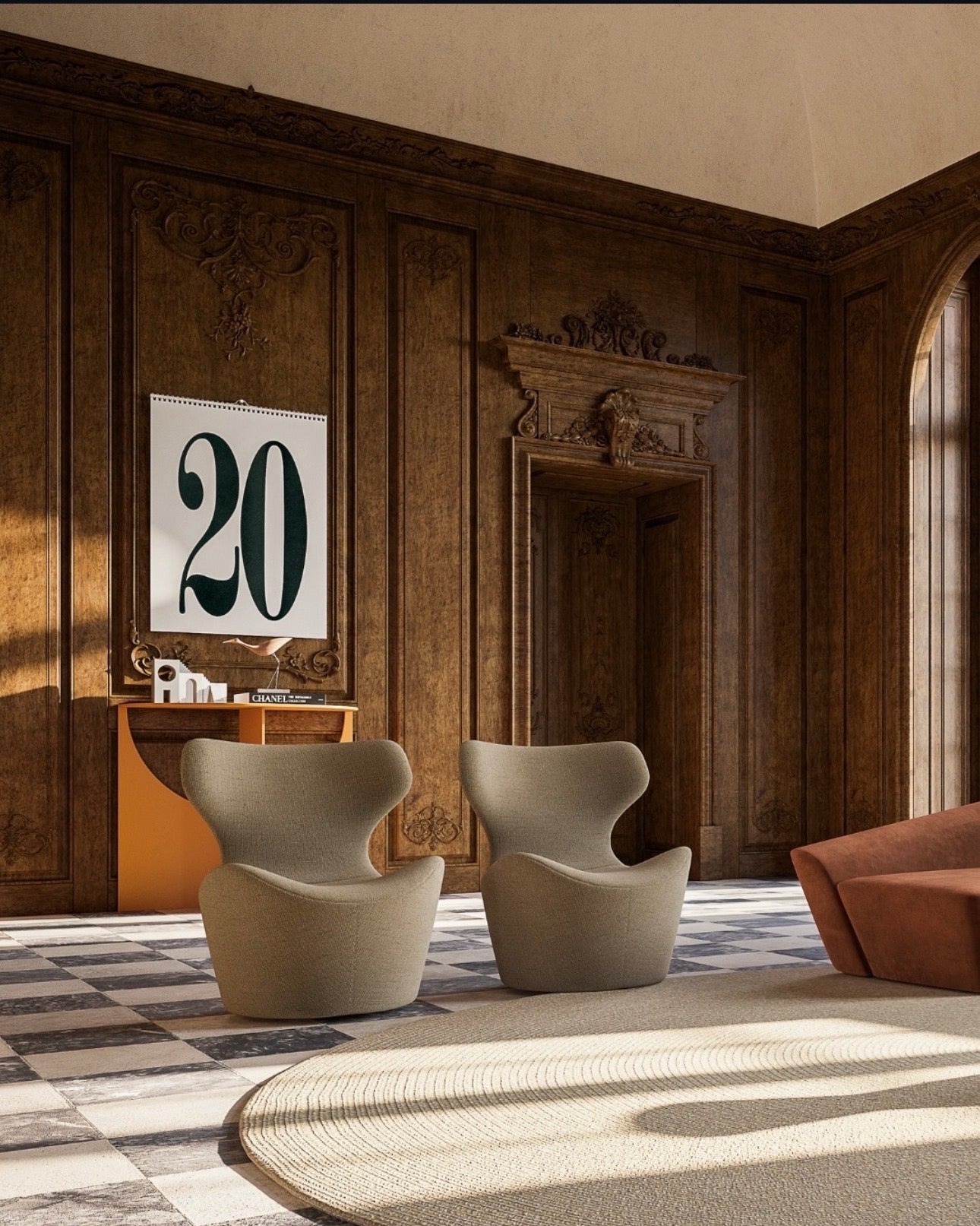 Overtime luxury furniture collection featuring curved sofa, sculptural lounge chairs, modern coffee table, and classic architectural interior setting.