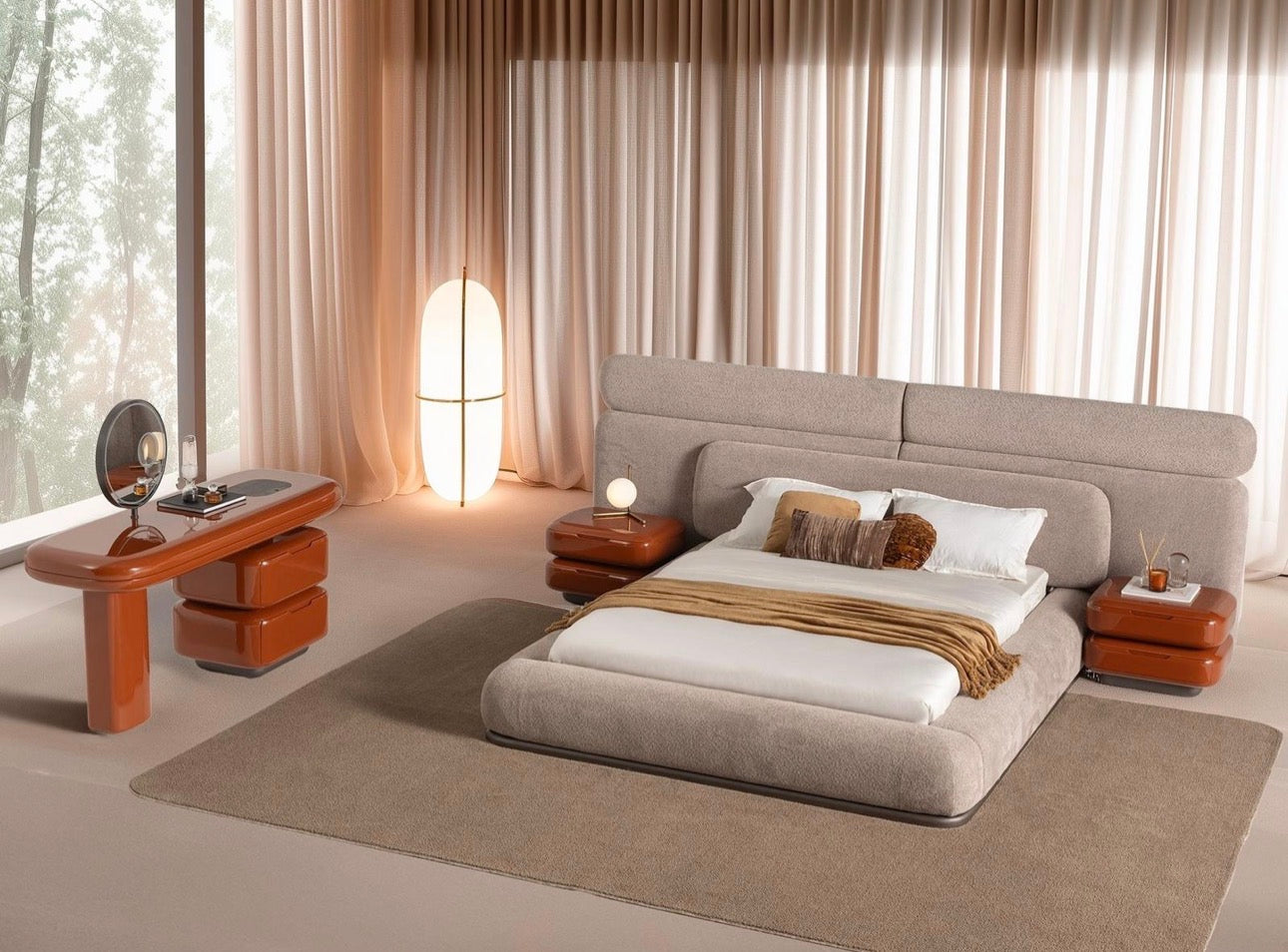 Urbane modern luxury furniture collection featuring sculptural dining table, curved bedroom furniture, and terracotta lacquer accents.