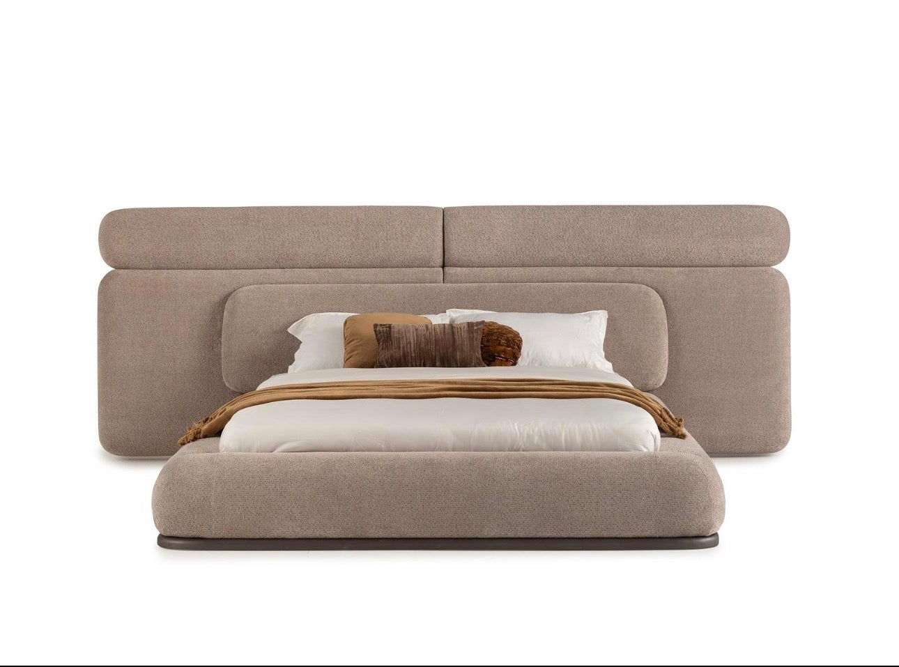 Urbane modern luxury furniture collection featuring sculptural dining table, curved bedroom furniture, and terracotta lacquer accents.