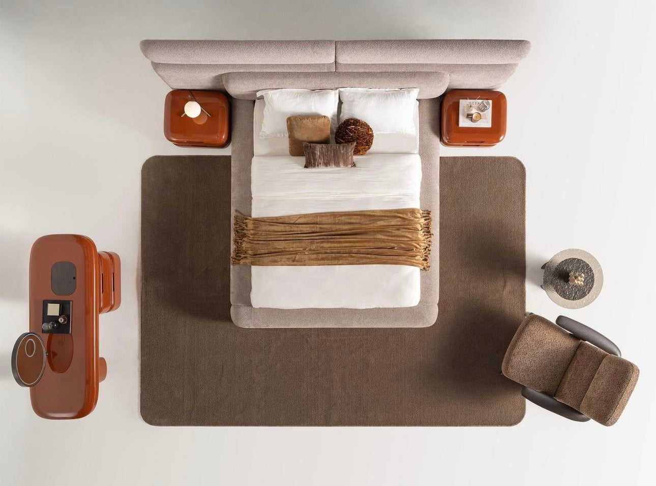 Urbane modern luxury furniture collection featuring sculptural dining table, curved bedroom furniture, and terracotta lacquer accents.