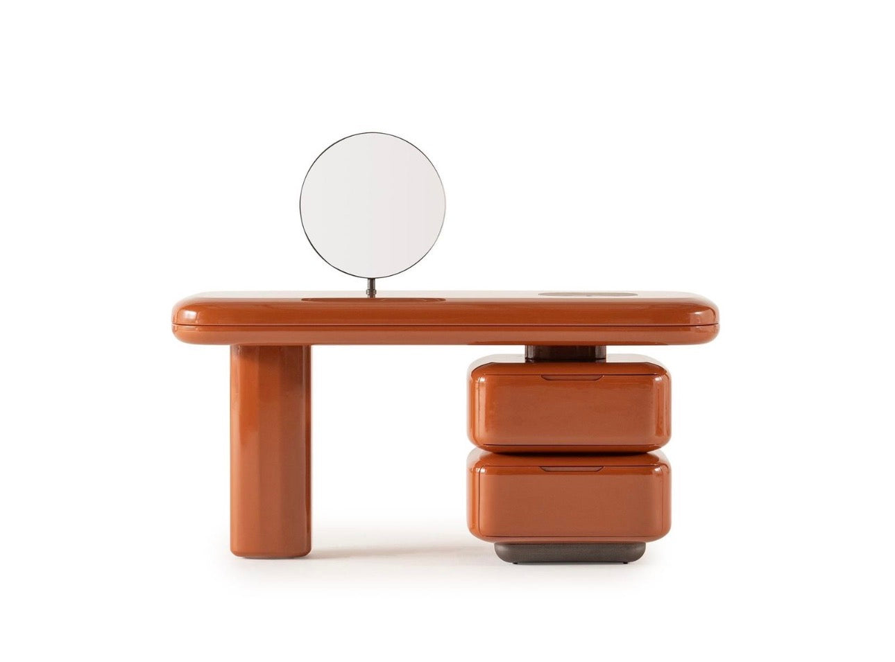 Urbane modern luxury furniture collection featuring sculptural dining table, curved bedroom furniture, and terracotta lacquer accents.