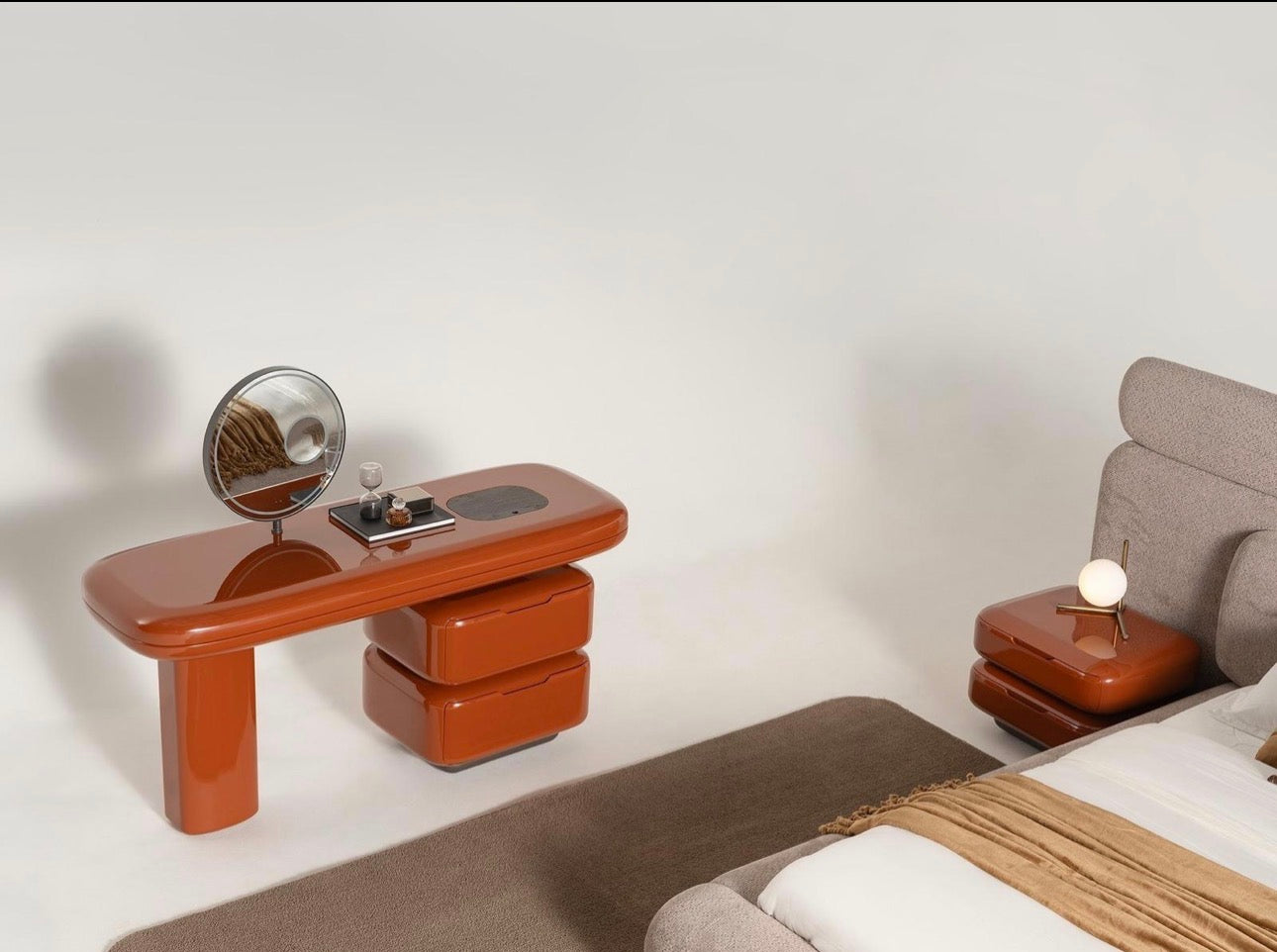 Urbane modern luxury furniture collection featuring sculptural dining table, curved bedroom furniture, and terracotta lacquer accents.