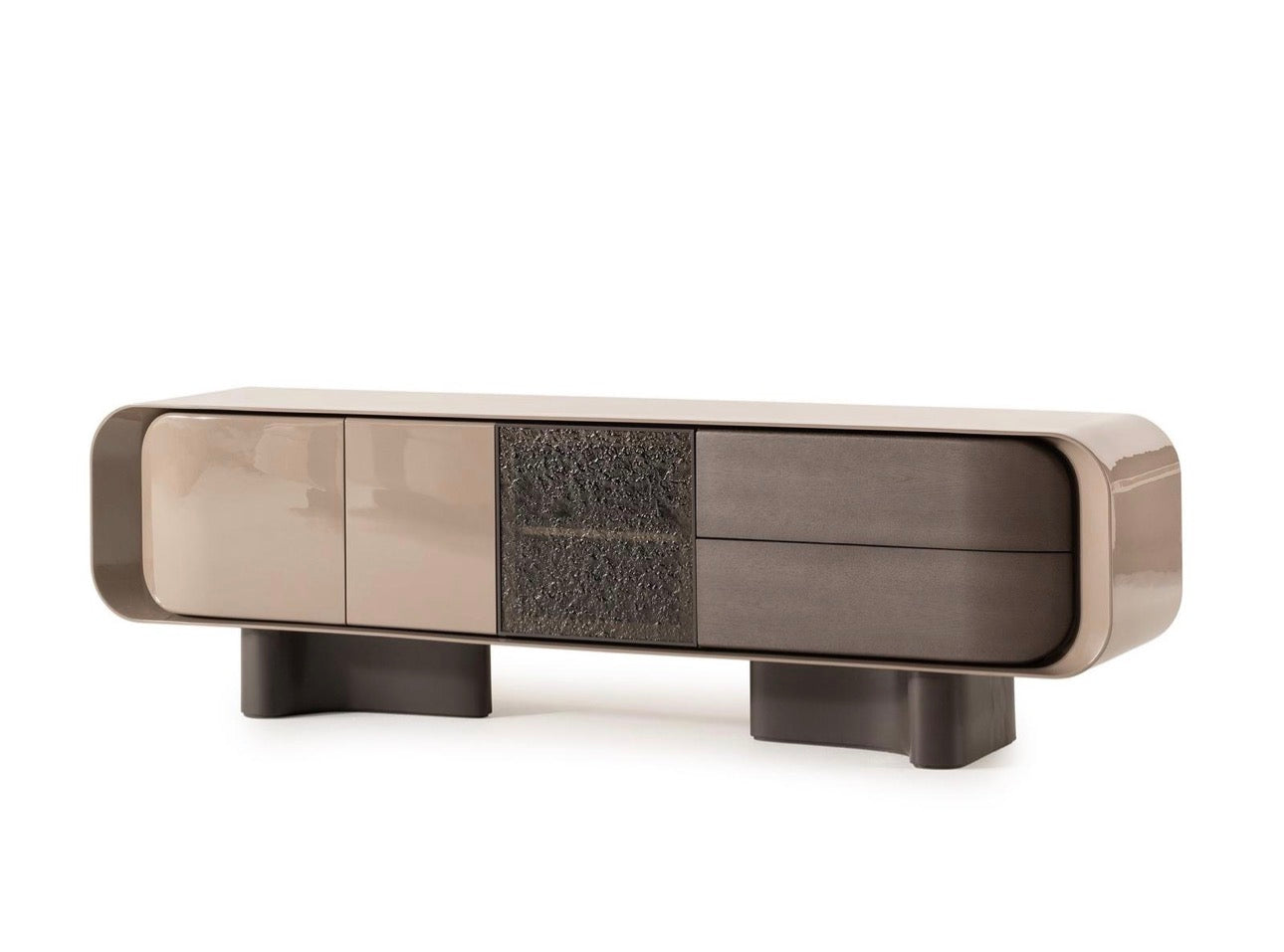 Urbane modern luxury furniture collection featuring sculptural dining table, curved bedroom furniture, and terracotta lacquer accents.