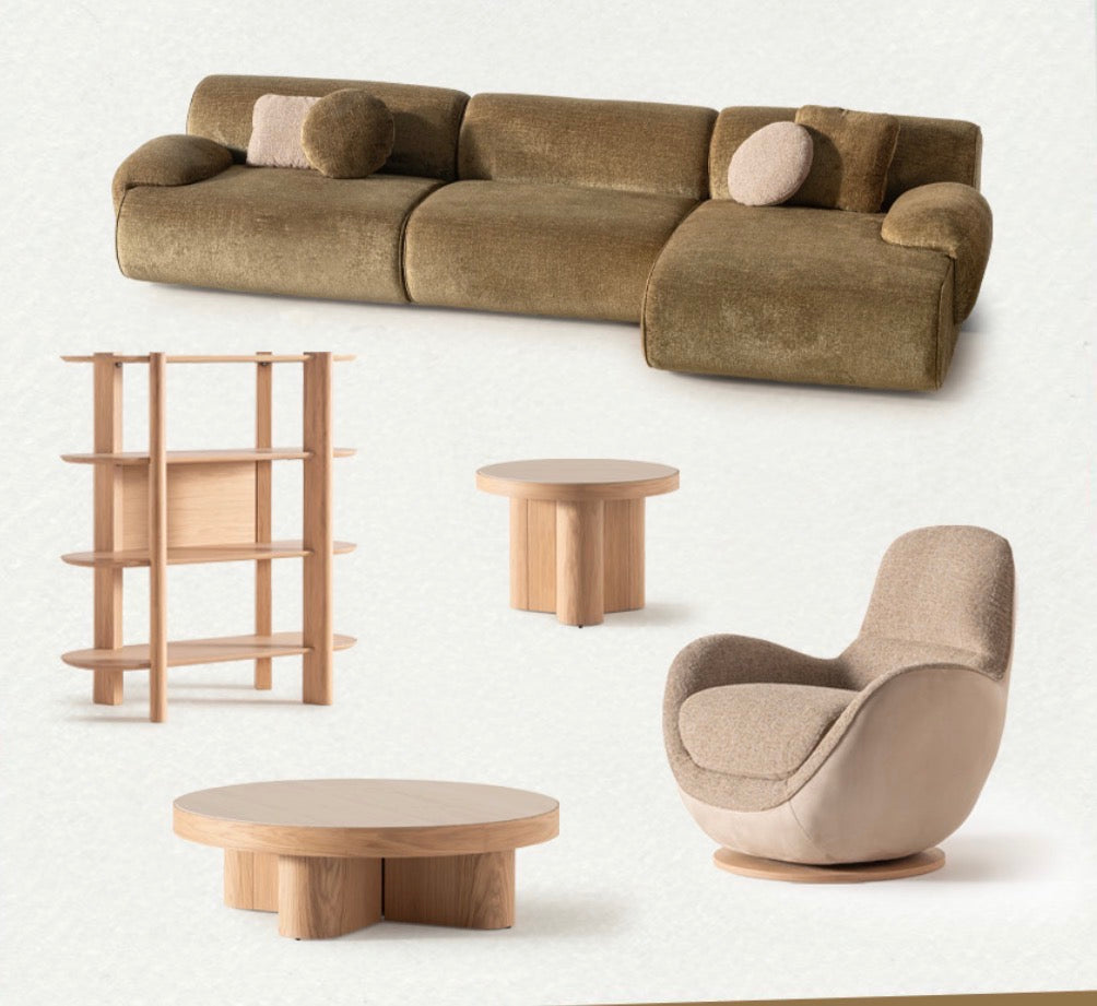 Lumen modern organic living room collection with curved sectional sofa, natural wood coffee tables, and warm minimalist interior design.