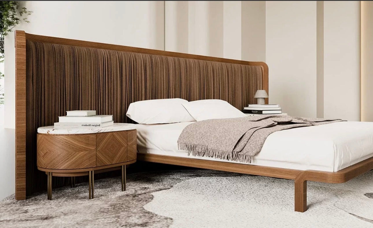 Evening luxury bedroom collection featuring sculptural wood bed, modern nightstands, minimalist wardrobe, and contemporary bedroom design.
