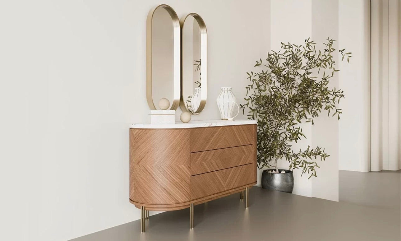 Evening luxury bedroom collection featuring sculptural wood bed, modern nightstands, minimalist wardrobe, and contemporary bedroom design.