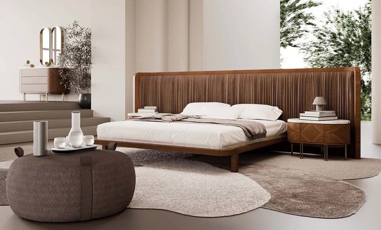 Evening luxury bedroom collection featuring sculptural wood bed, modern nightstands, minimalist wardrobe, and contemporary bedroom design.