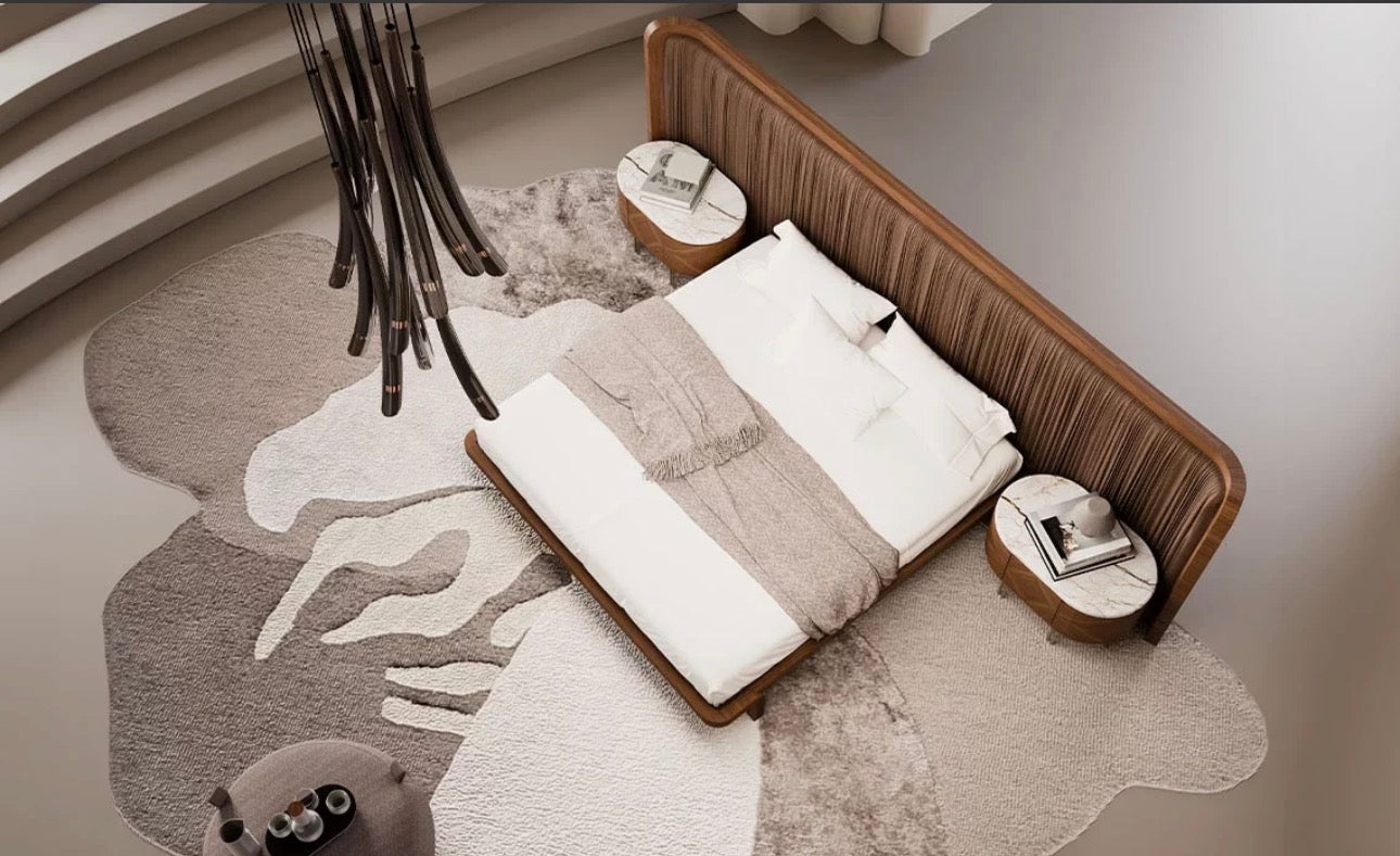 Evening luxury bedroom collection featuring sculptural wood bed, modern nightstands, minimalist wardrobe, and contemporary bedroom design.