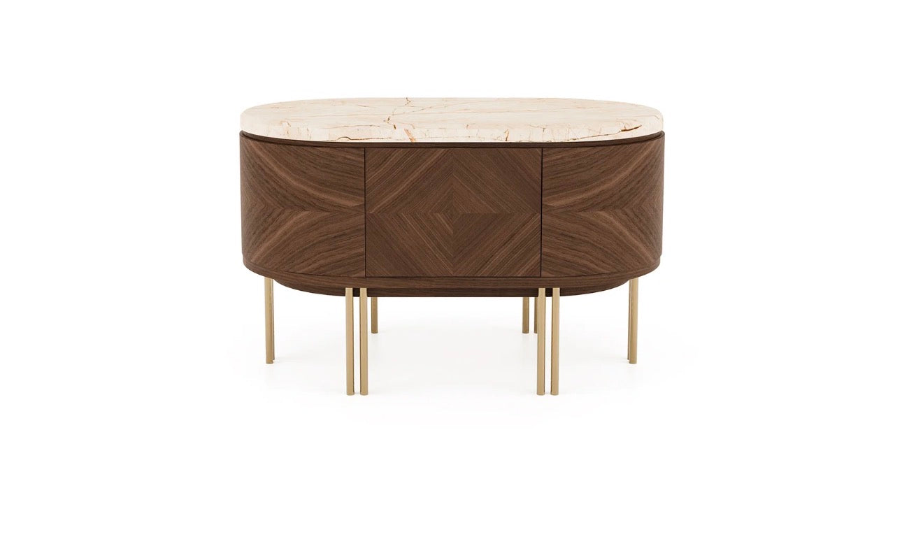 Evening luxury bedroom collection featuring sculptural wood bed, modern nightstands, minimalist wardrobe, and contemporary bedroom design.