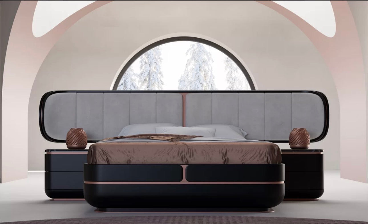 Petale luxury bedroom furniture collection with curved upholstered bed, sculptural nightstands, and dark lacquer wardrobe with rose-gold accents.