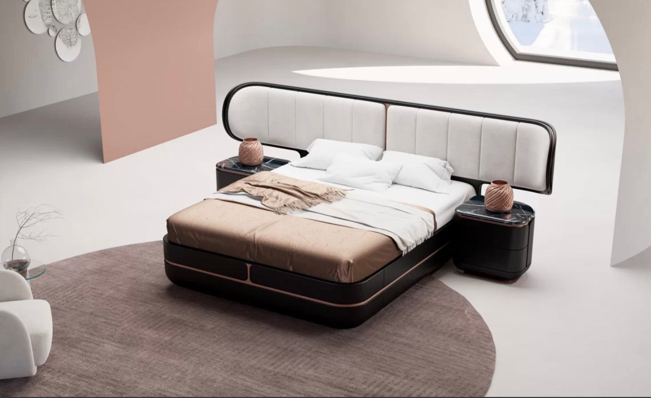 Petale luxury bedroom furniture collection with curved upholstered bed, sculptural nightstands, and dark lacquer wardrobe with rose-gold accents.