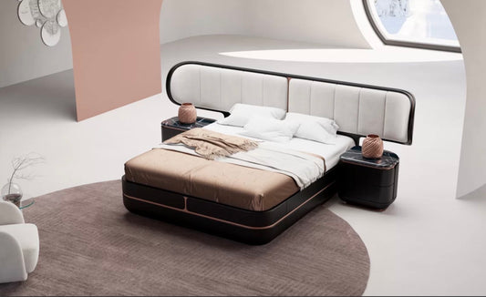 Petale luxury bedroom furniture collection with curved upholstered bed, sculptural nightstands, and dark lacquer wardrobe with rose-gold accents.