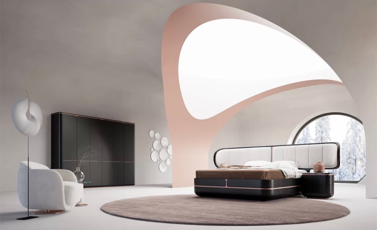 Petale luxury bedroom furniture collection with curved upholstered bed, sculptural nightstands, and dark lacquer wardrobe with rose-gold accents.