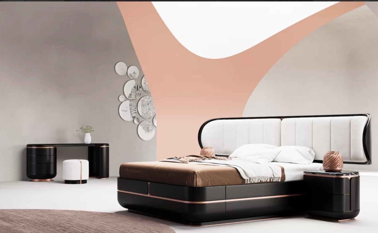 Petale luxury bedroom furniture collection with curved upholstered bed, sculptural nightstands, and dark lacquer wardrobe with rose-gold accents.