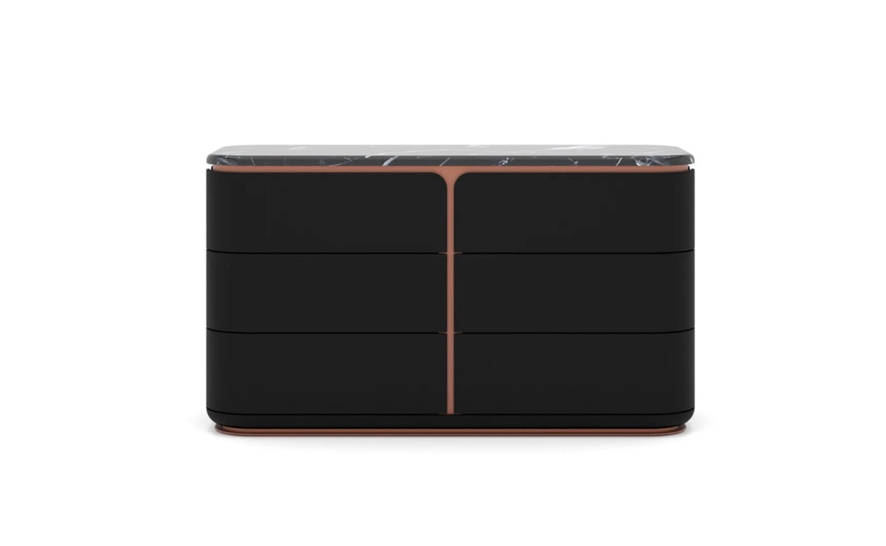 Petale luxury bedroom furniture collection with curved upholstered bed, sculptural nightstands, and dark lacquer wardrobe with rose-gold accents.
