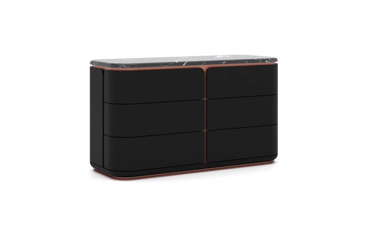 Petale luxury bedroom furniture collection with curved upholstered bed, sculptural nightstands, and dark lacquer wardrobe with rose-gold accents.