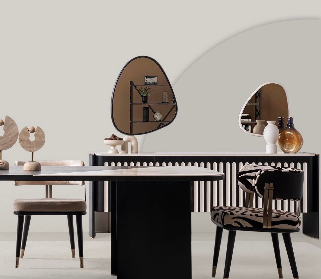 Reverie luxury furniture collection featuring sculptural sofa seating, zebra patterned accent chairs, modern dining table, and contemporary living room design.