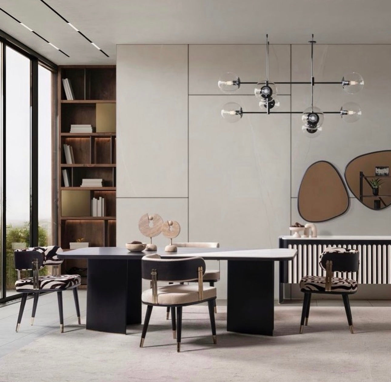 Reverie luxury furniture collection featuring sculptural sofa seating, zebra patterned accent chairs, modern dining table, and contemporary living room design.