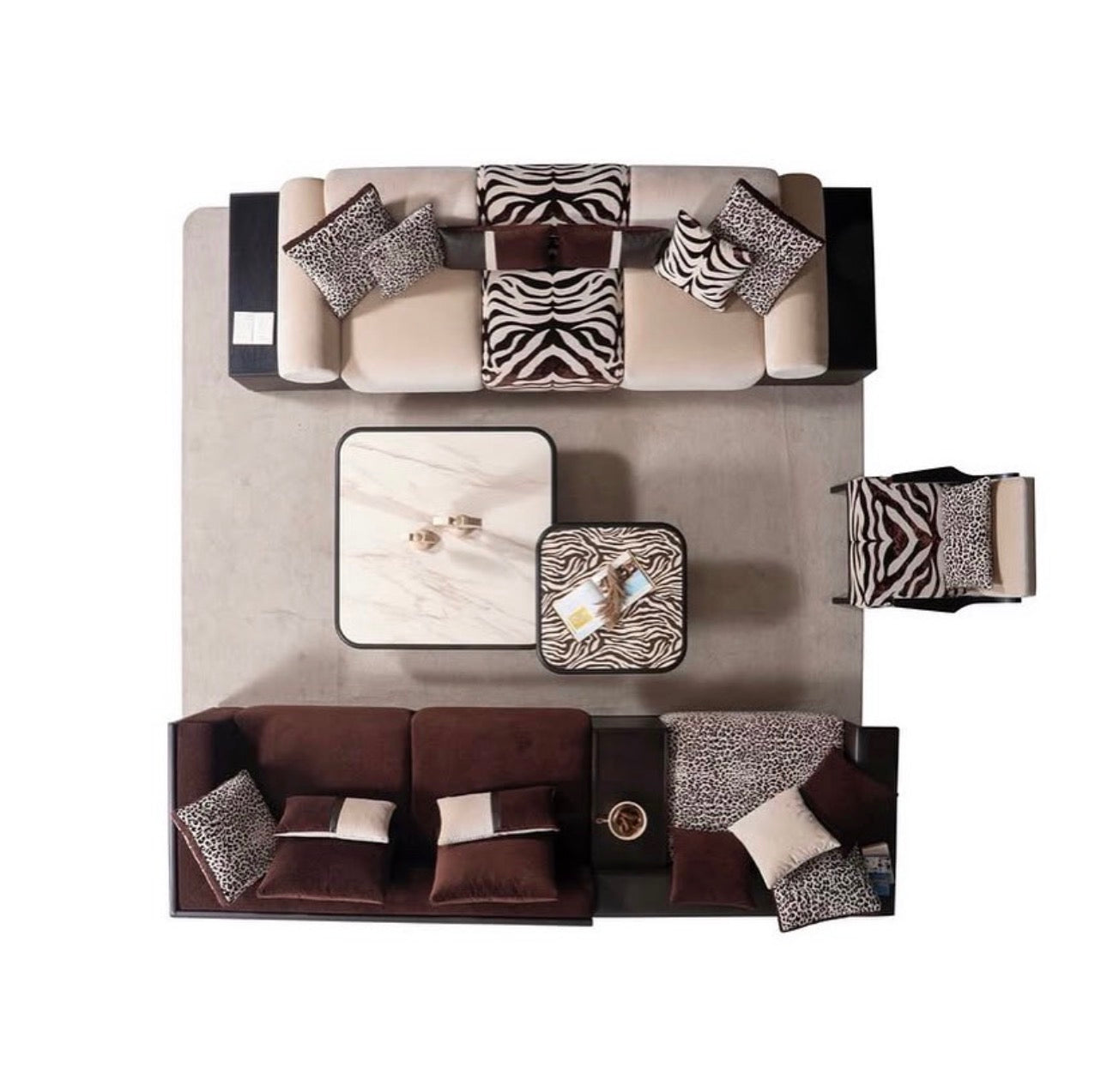 Reverie luxury furniture collection featuring sculptural sofa seating, zebra patterned accent chairs, modern dining table, and contemporary living room design.