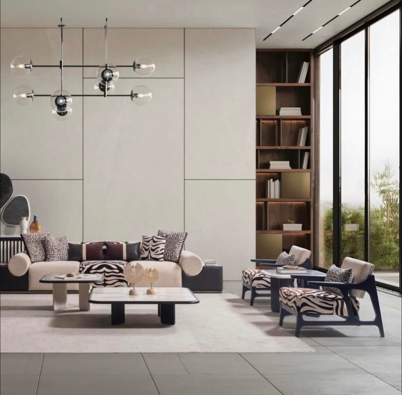 Reverie luxury furniture collection featuring sculptural sofa seating, zebra patterned accent chairs, modern dining table, and contemporary living room design.