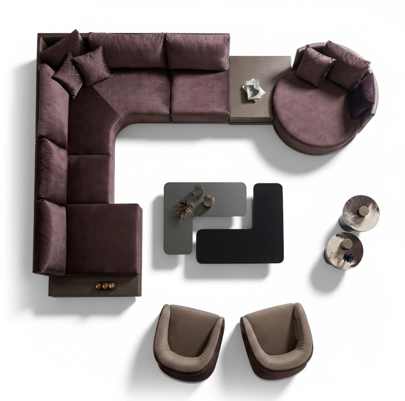 Forge luxury furniture collection featuring dramatic dining set, modern chandelier, and deep espresso contemporary living room furniture.