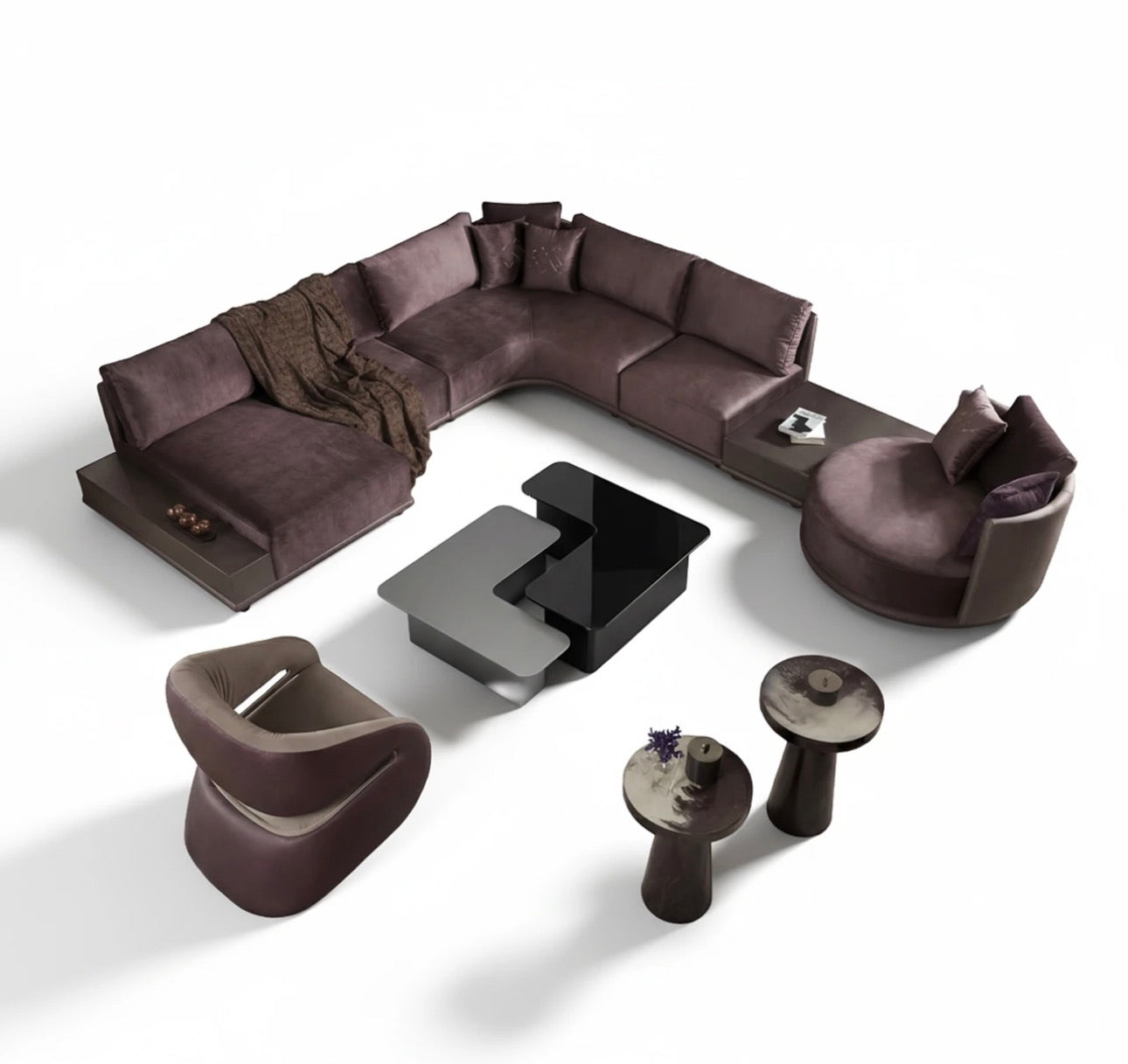 Forge luxury furniture collection featuring dramatic dining set, modern chandelier, and deep espresso contemporary living room furniture.