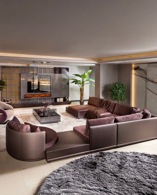 Forge luxury furniture collection featuring dramatic dining set, modern chandelier, and deep espresso contemporary living room furniture.