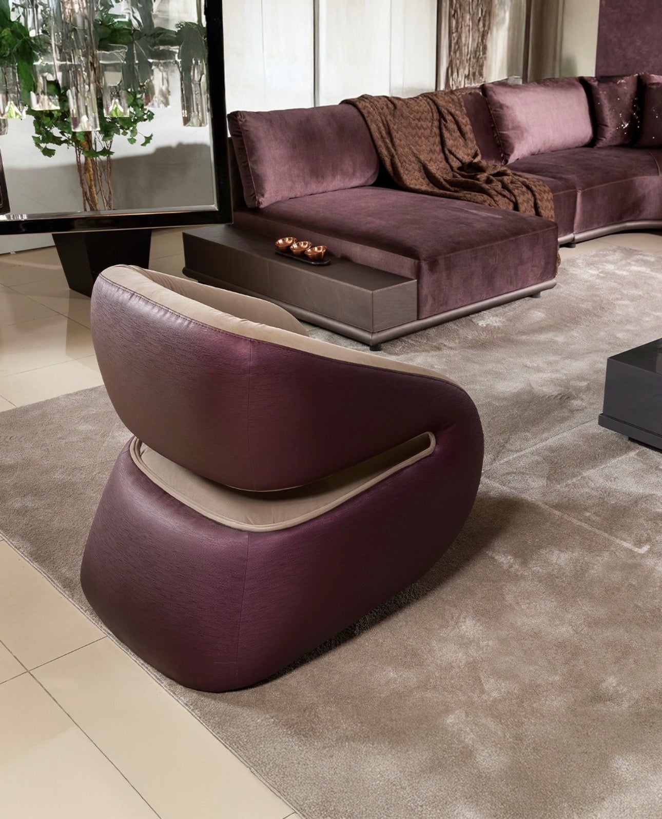 Forge luxury furniture collection featuring dramatic dining set, modern chandelier, and deep espresso contemporary living room furniture.