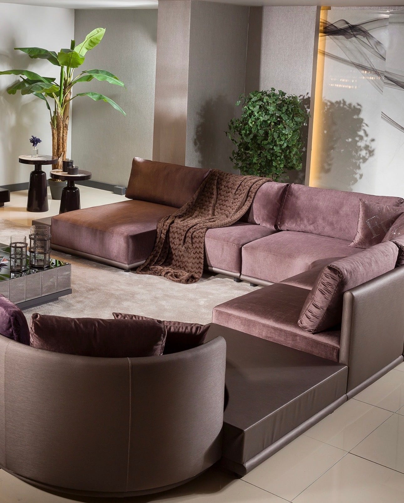 Forge luxury furniture collection featuring dramatic dining set, modern chandelier, and deep espresso contemporary living room furniture.