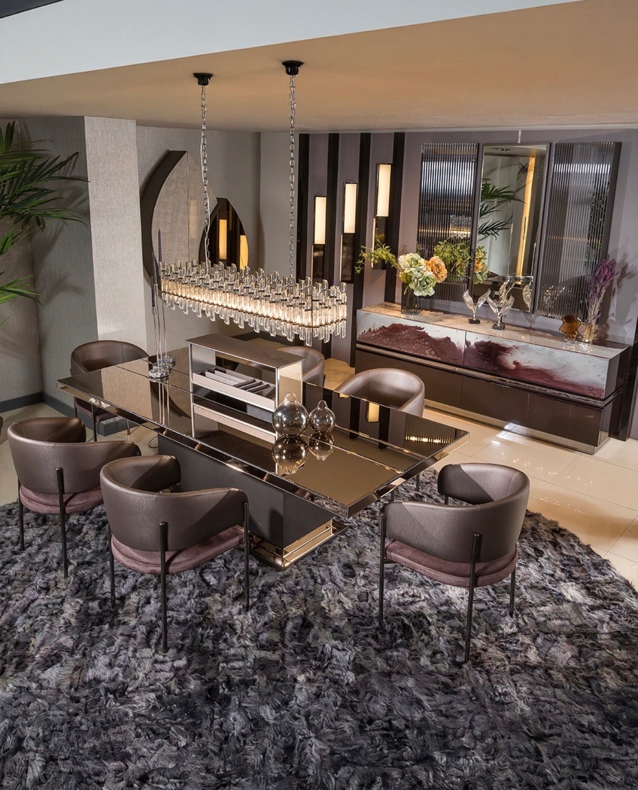 Forge luxury furniture collection featuring dramatic dining set, modern chandelier, and deep espresso contemporary living room furniture.