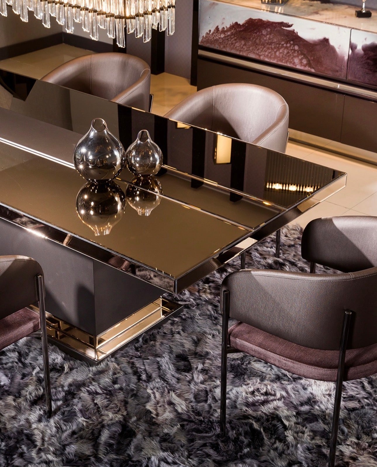 Forge luxury furniture collection featuring dramatic dining set, modern chandelier, and deep espresso contemporary living room furniture.