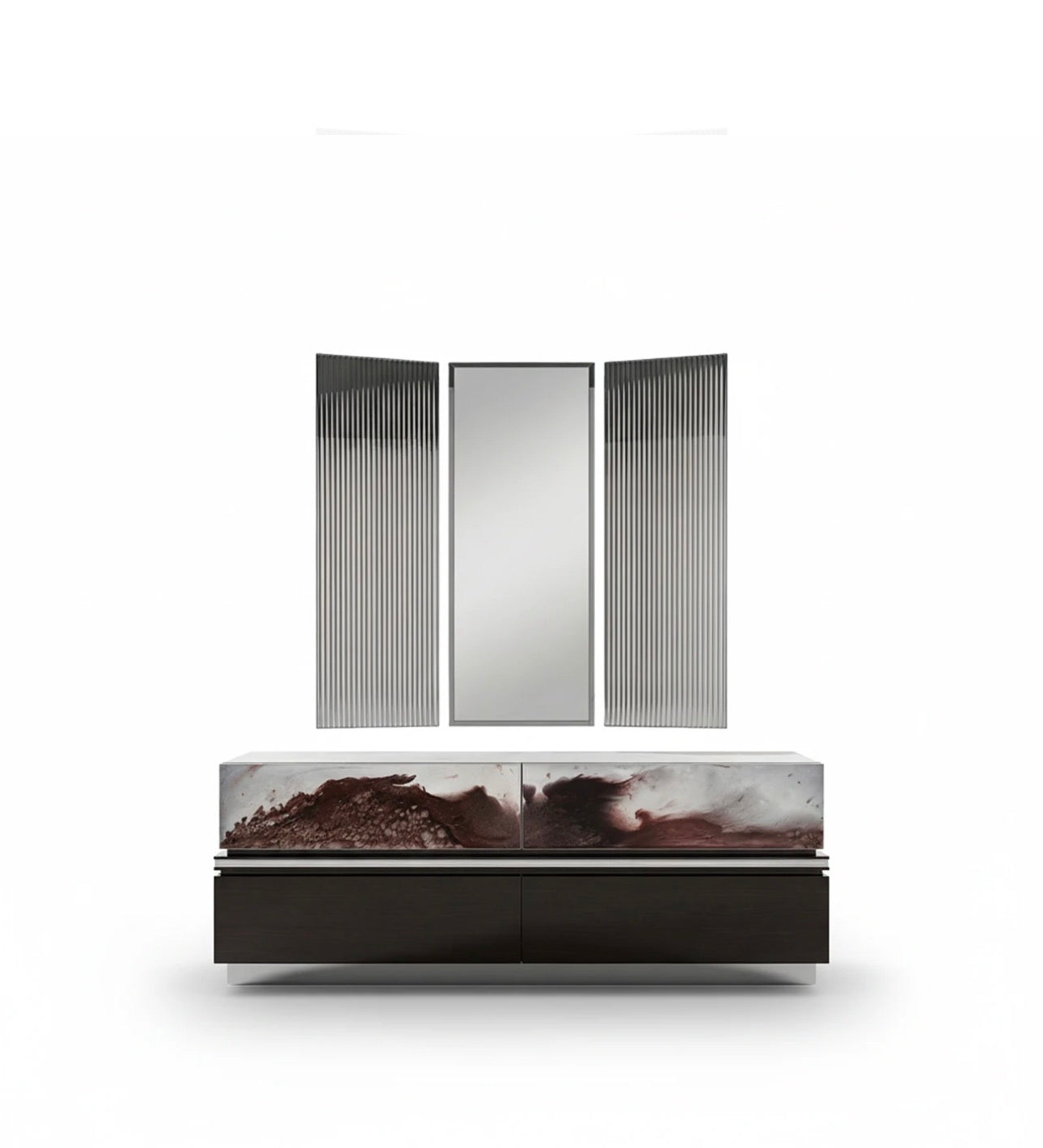 Forge luxury furniture collection featuring dramatic dining set, modern chandelier, and deep espresso contemporary living room furniture.