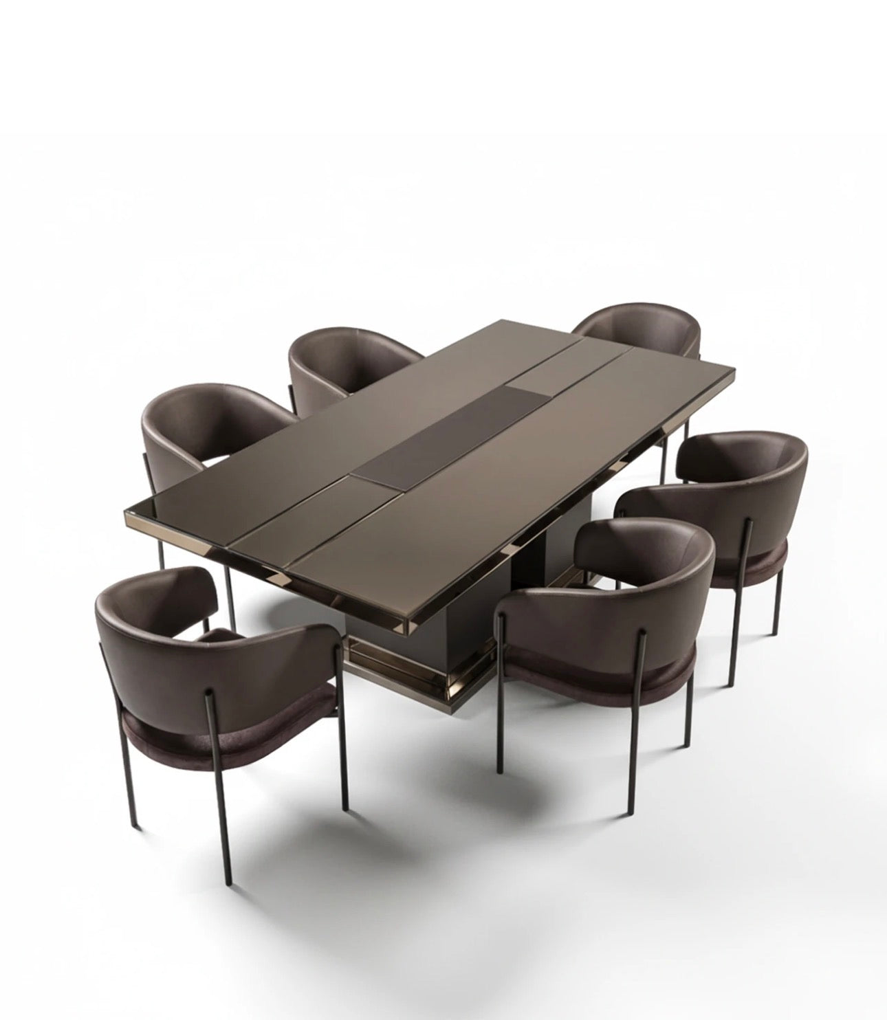 Forge luxury furniture collection featuring dramatic dining set, modern chandelier, and deep espresso contemporary living room furniture.