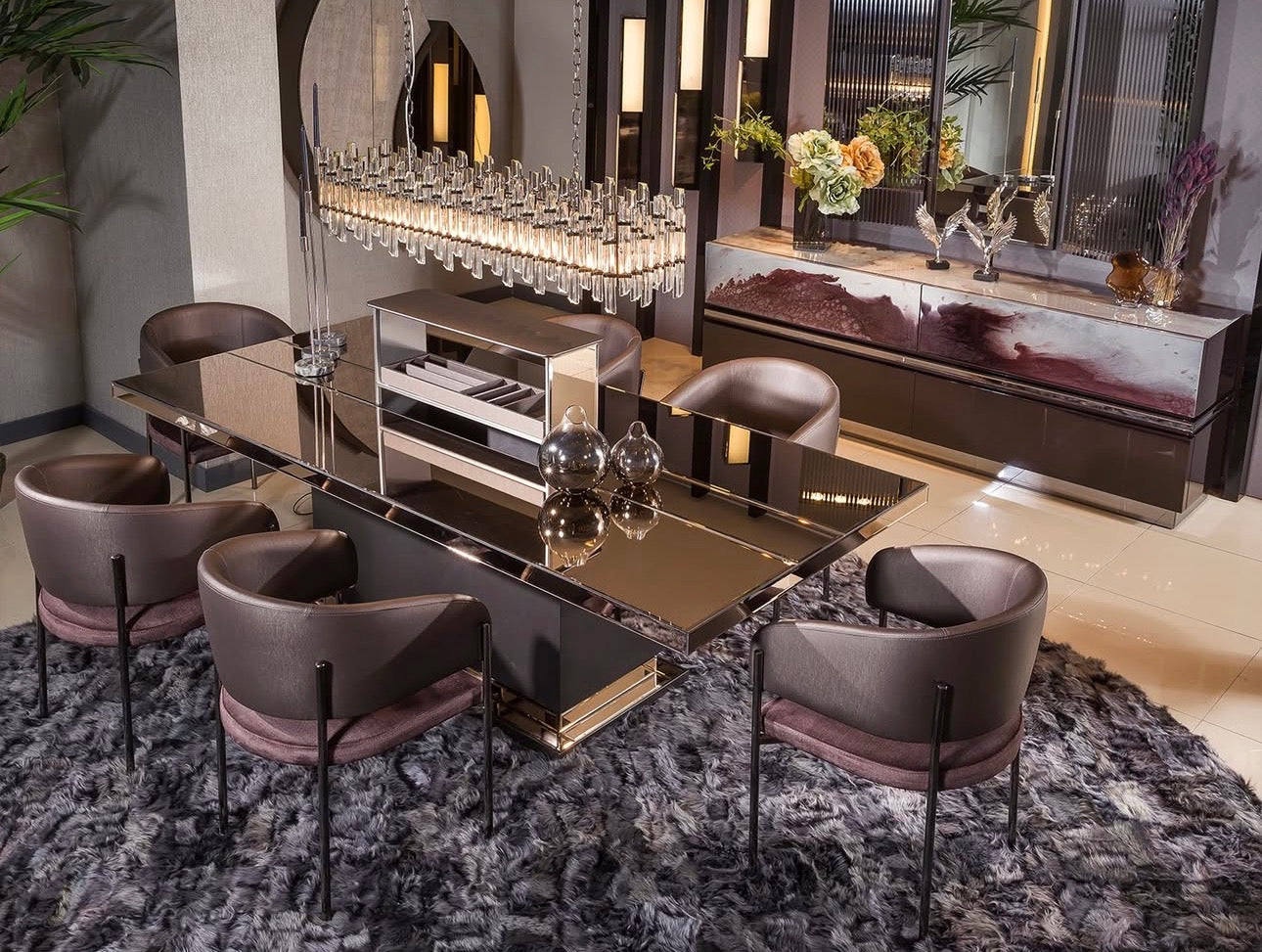 Forge luxury furniture collection featuring dramatic dining set, modern chandelier, and deep espresso contemporary living room furniture.