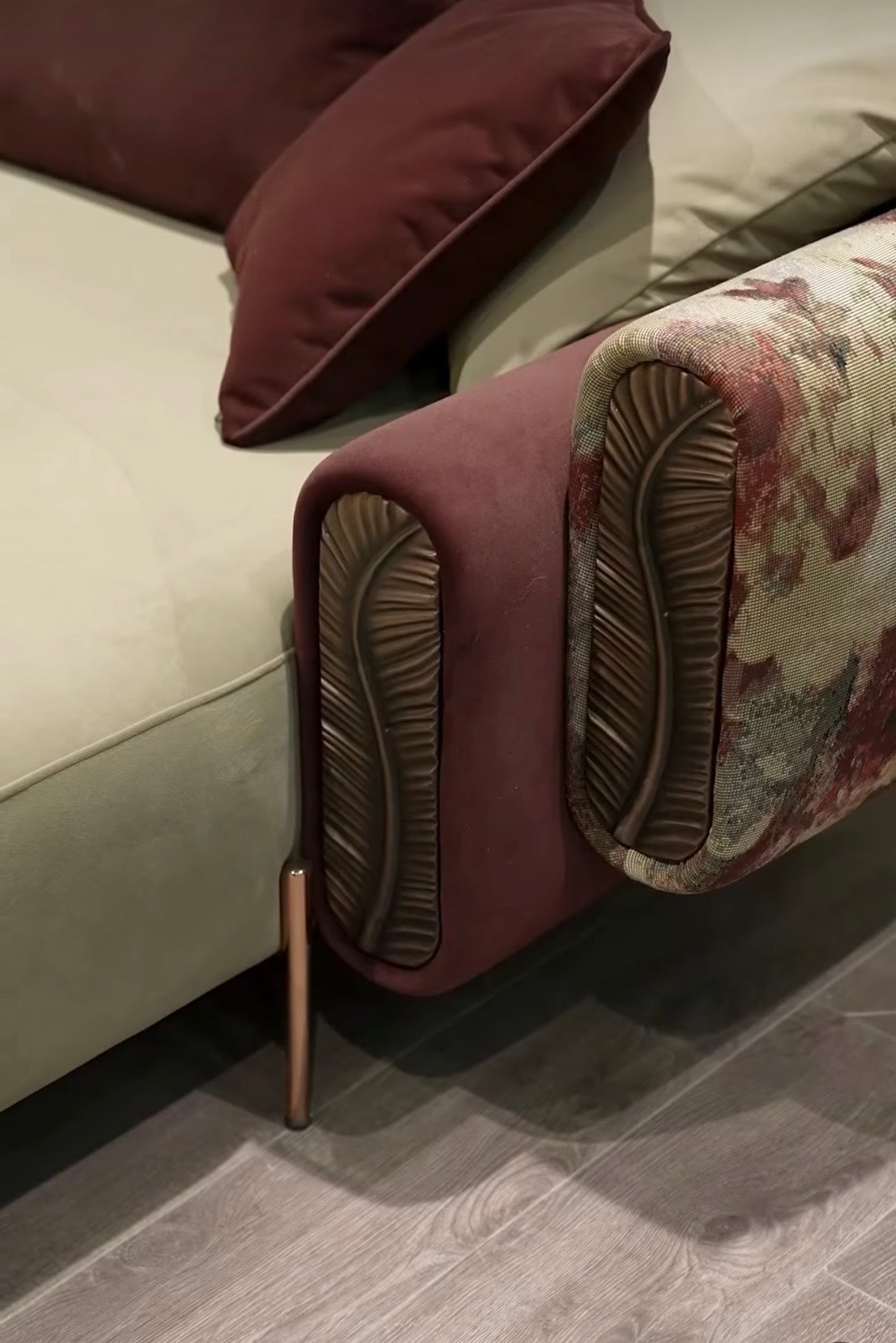 Blush luxury furniture collection featuring sculptural sofa, bronze leaf coffee table, modern dining set, and warm contemporary living room design.