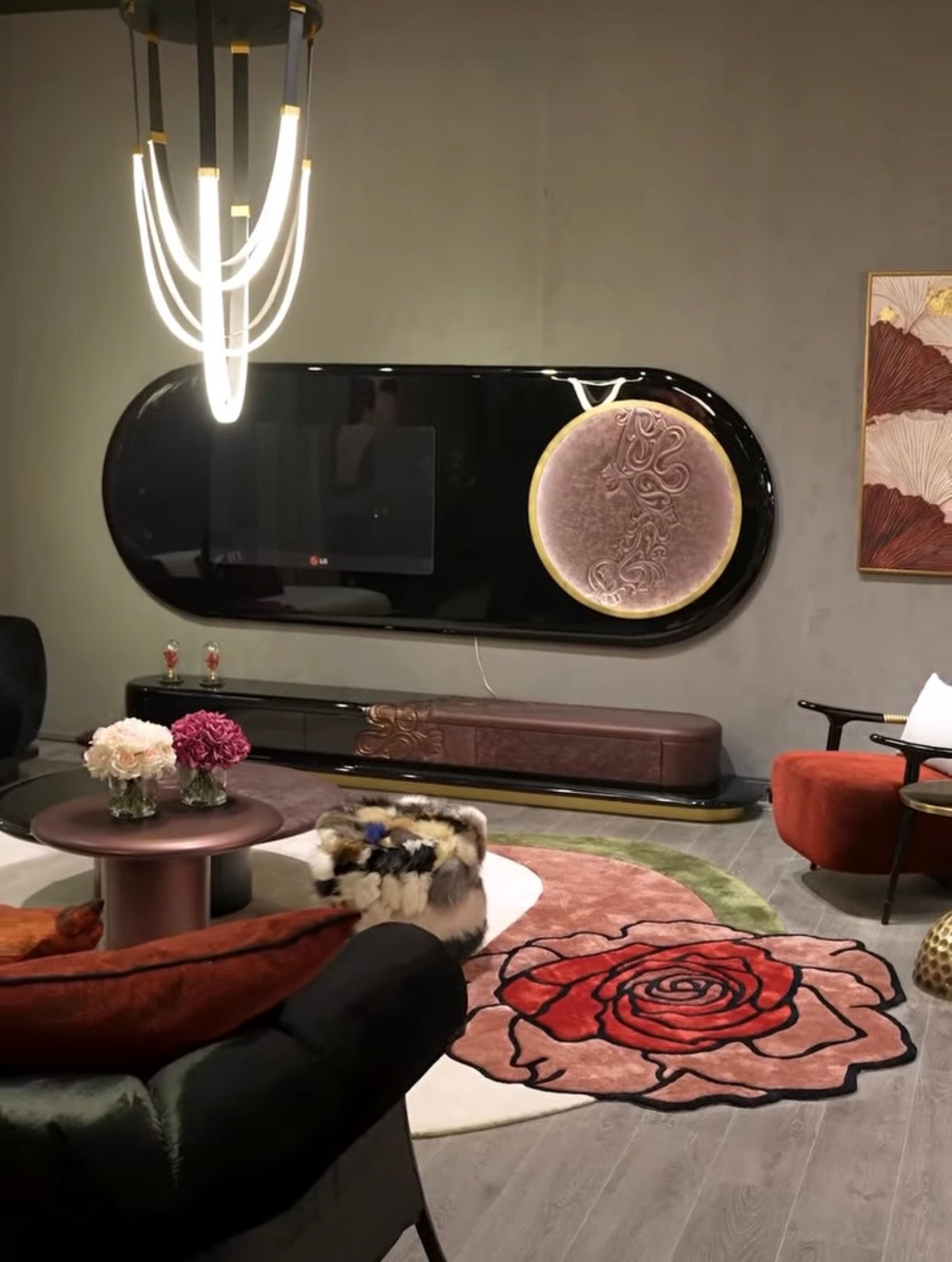 Noir luxury furniture collection with black velvet sofas, copper dining table, sculptural lighting, and dramatic modern interior styling.