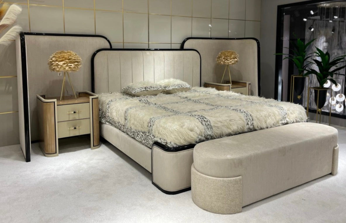 Roux luxury furniture collection featuring modern neutral bedroom set, elegant vanity console, and contemporary accent chair with black and gold details.