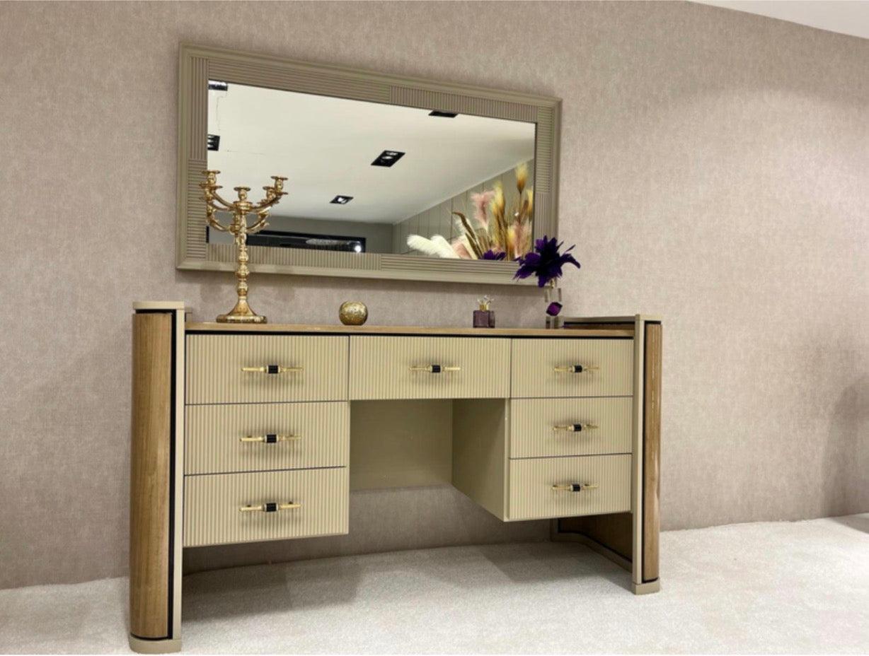 Roux luxury furniture collection featuring modern neutral bedroom set, elegant vanity console, and contemporary accent chair with black and gold details.