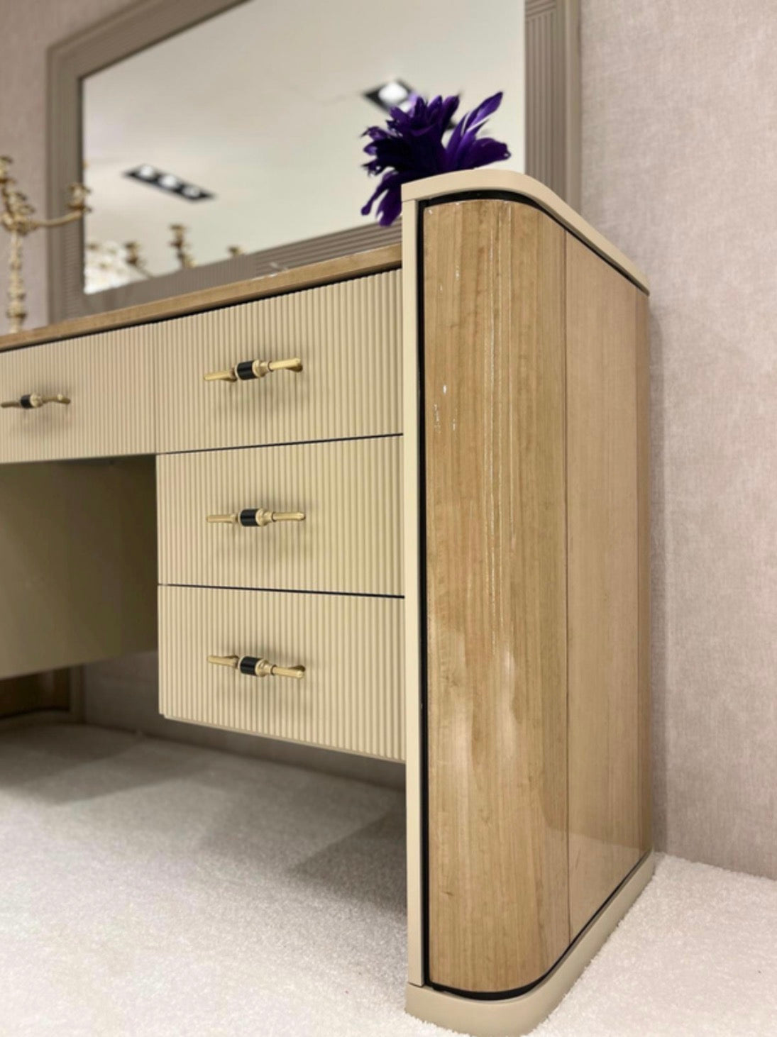 Roux luxury furniture collection featuring modern neutral bedroom set, elegant vanity console, and contemporary accent chair with black and gold details.