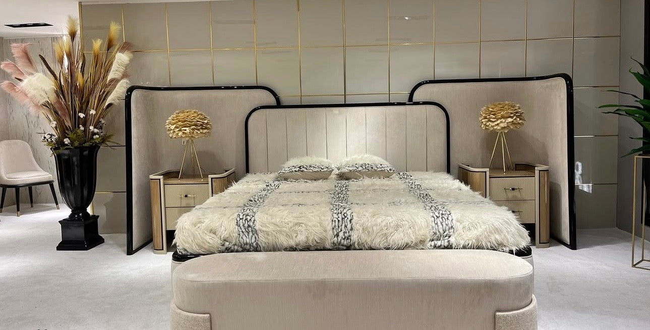 Roux luxury furniture collection featuring modern neutral bedroom set, elegant vanity console, and contemporary accent chair with black and gold details.